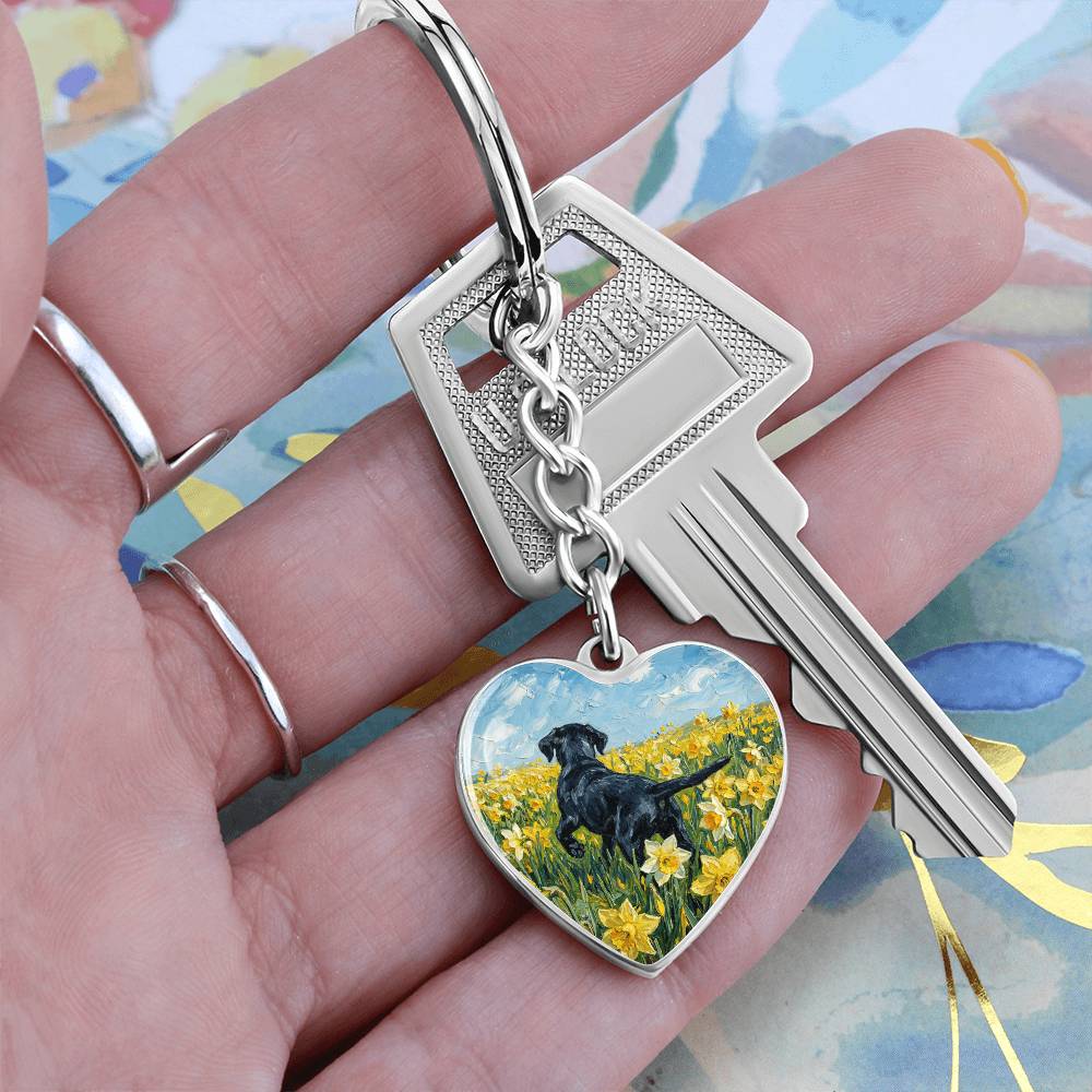 Amongst The Flowers - Black Labrador Heart Keychain
