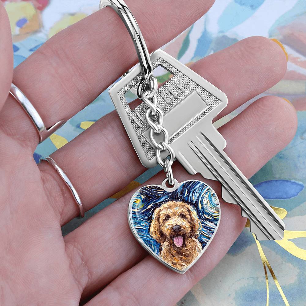 Goldendoodle Portrait Starry Night Heart Keychain