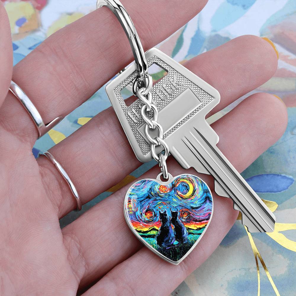 Van Gogh;s Cats Starry Night Heart Keychain