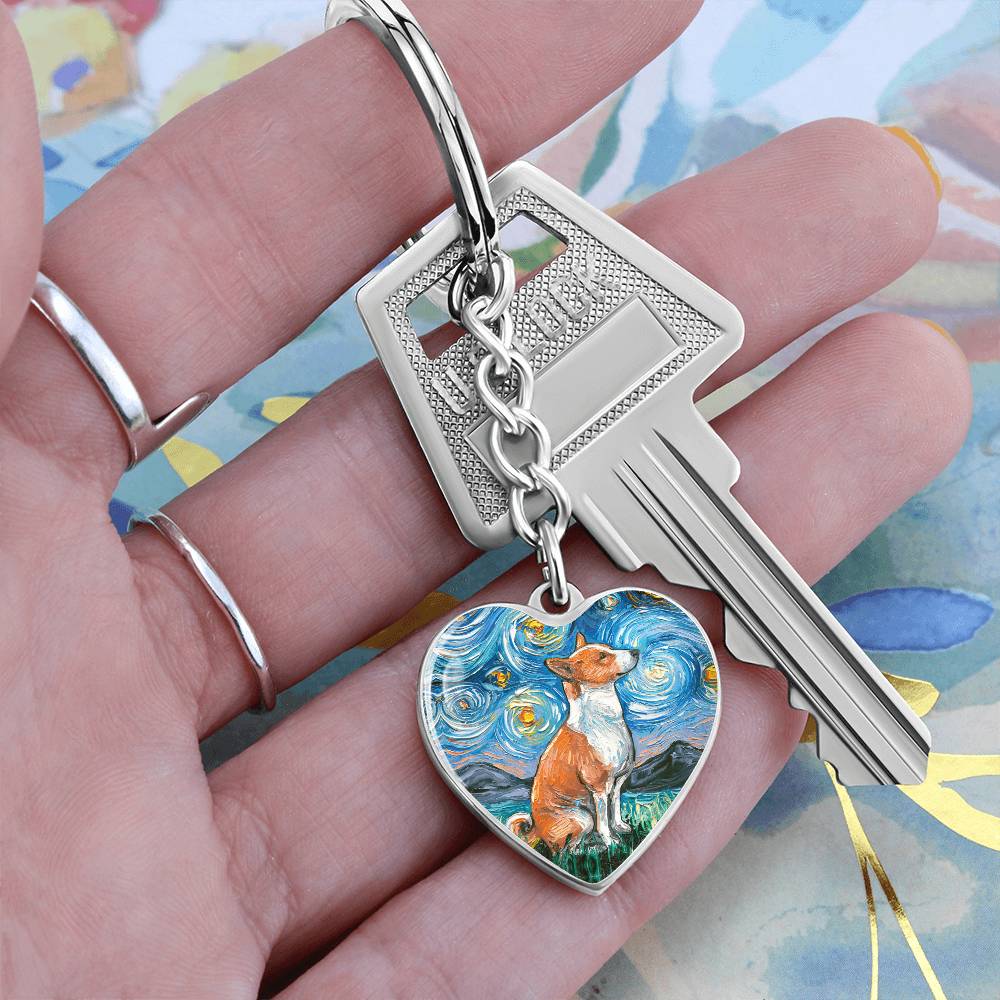 Basenji Starry Night Heart Keychain