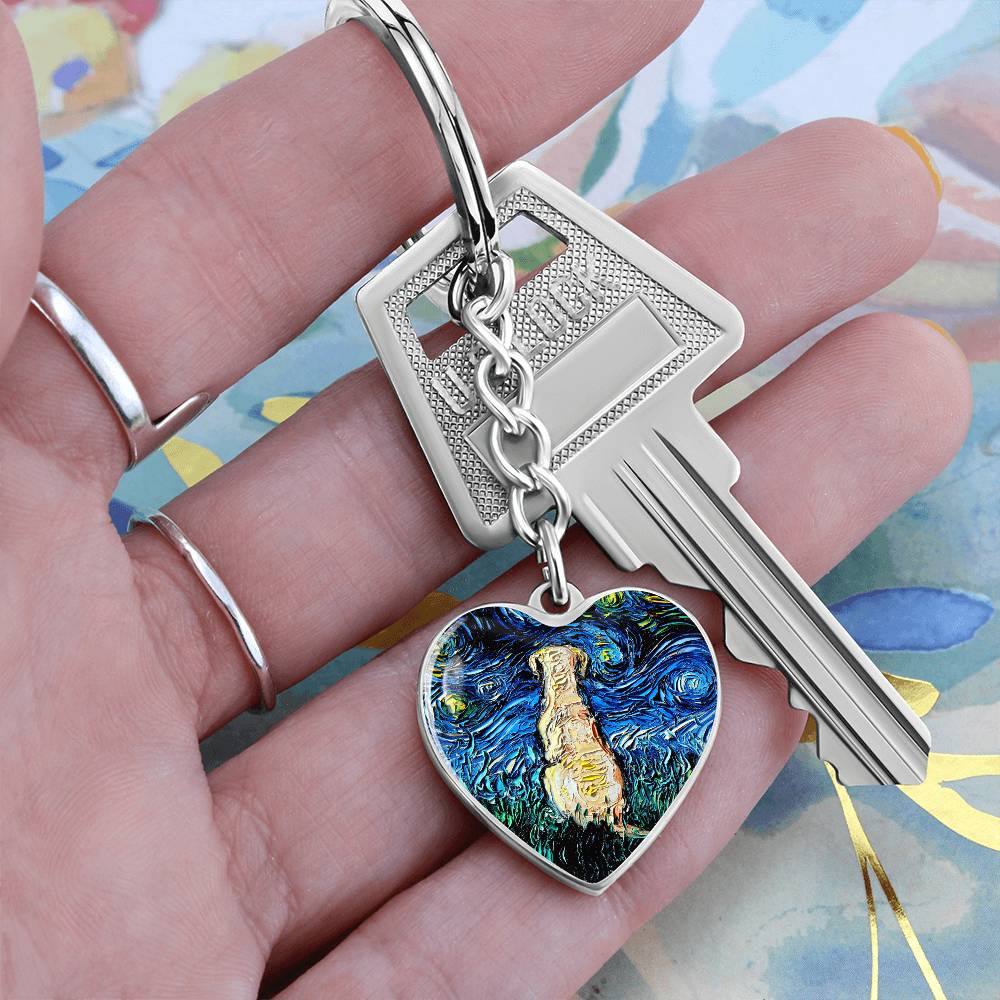Yellow Labrador Back Starry Night Heart Keychain