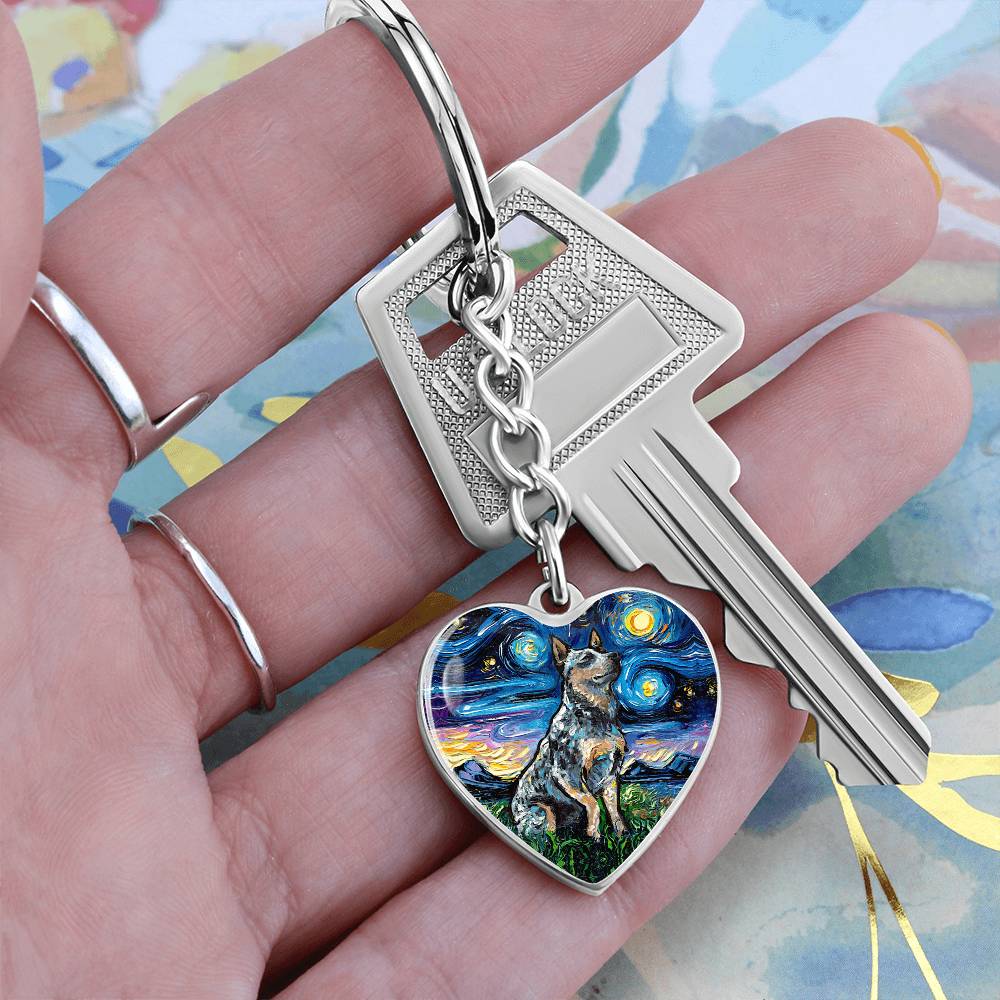 Blue Heeler Starry Night Heart Keychain