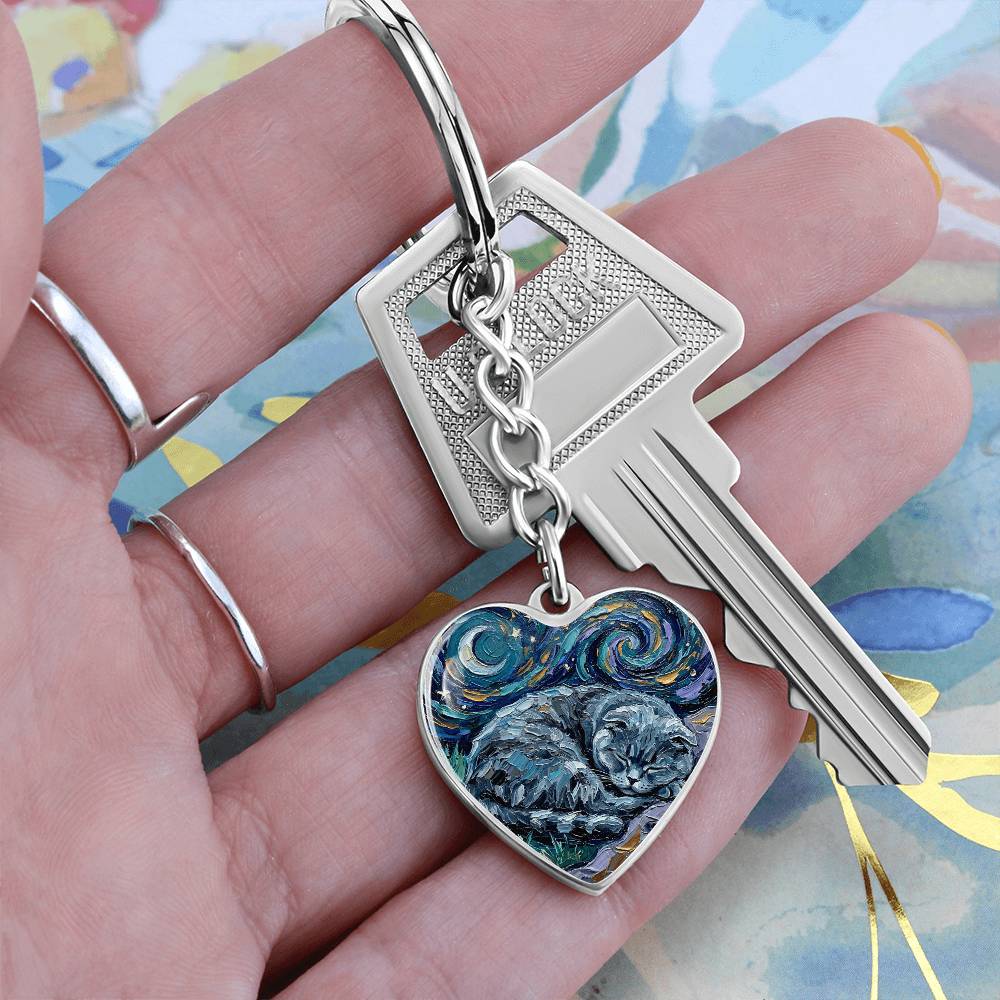 Sleepy Scottish Fold Night Heart Keychain
