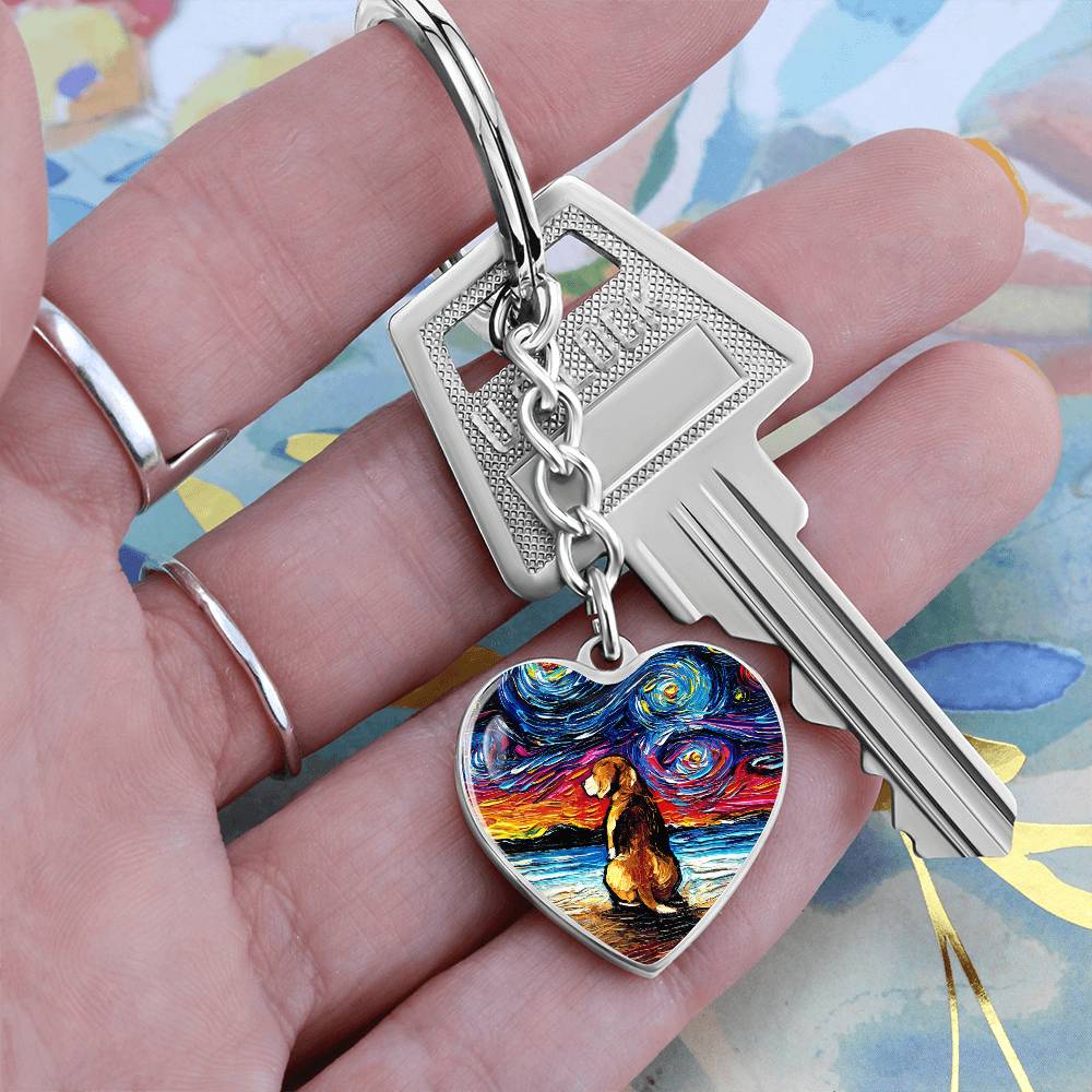 Beagle at the Beach Starry Night Heart Keychain