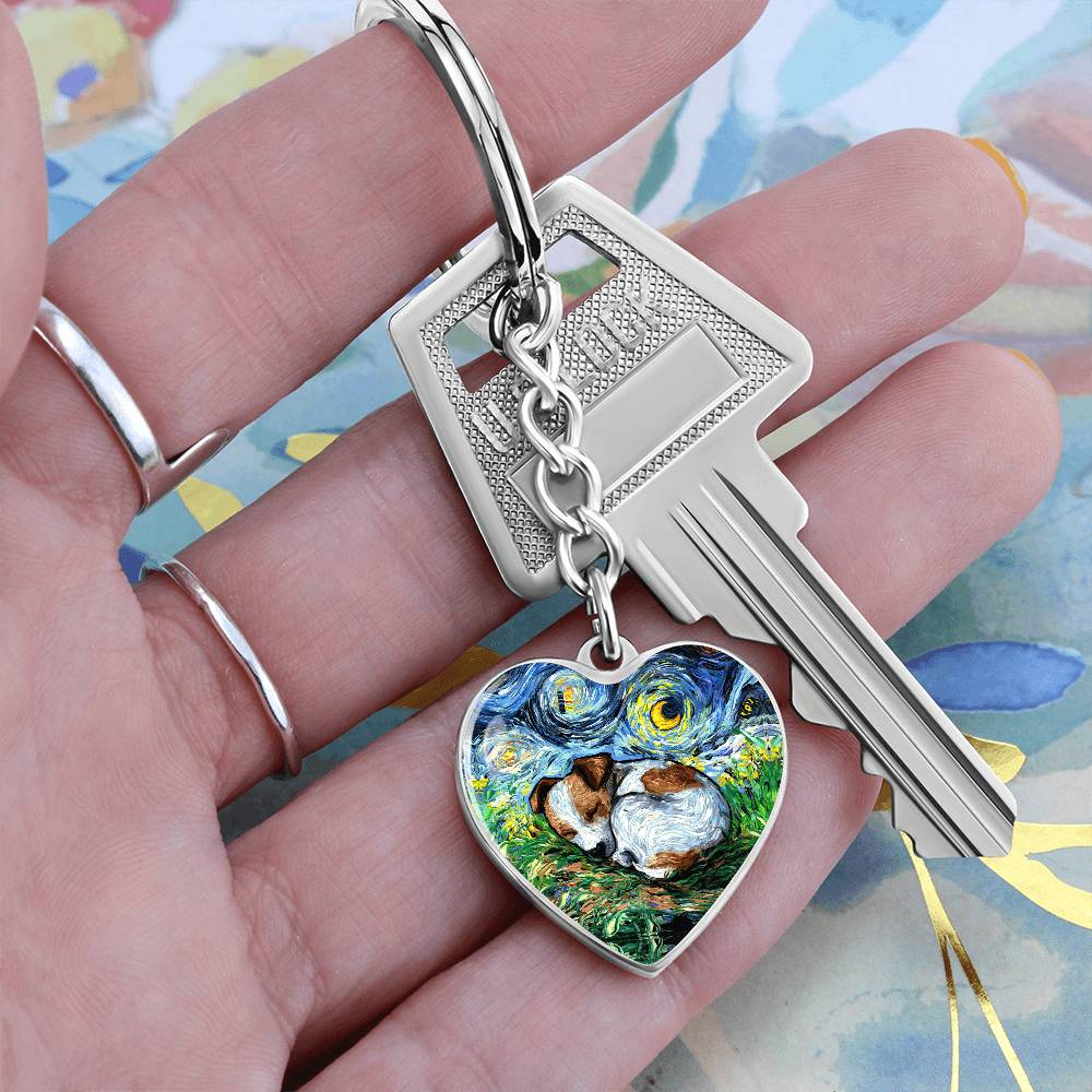Sleeping Jack Russell Terrier Starry Night Heart Keychain