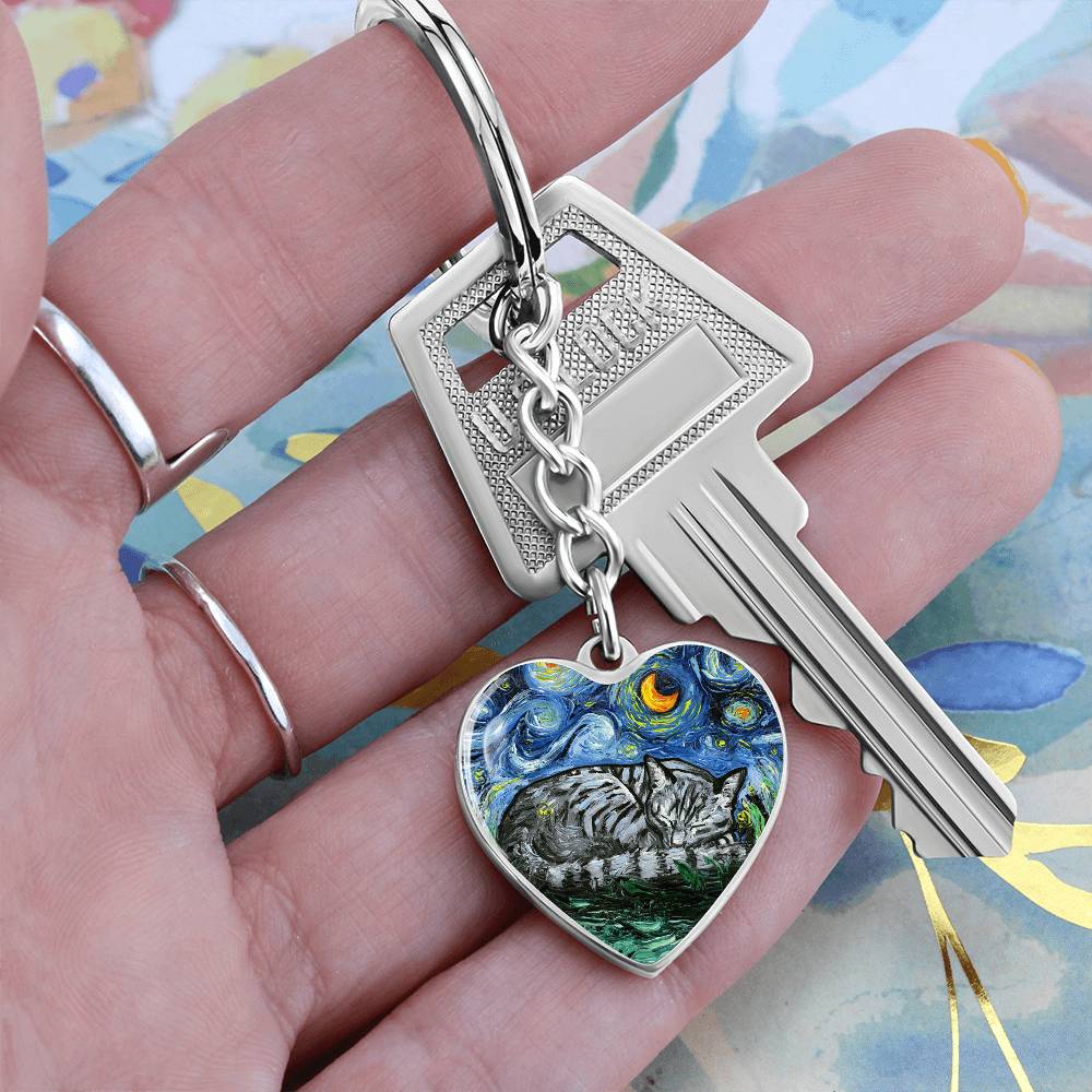 Sleeping Gray Tabby Starry Night Heart Keychain