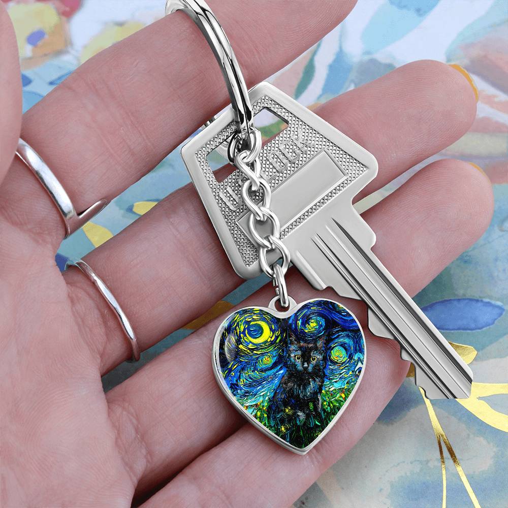 Black Cat Starry Night Heart Keychain