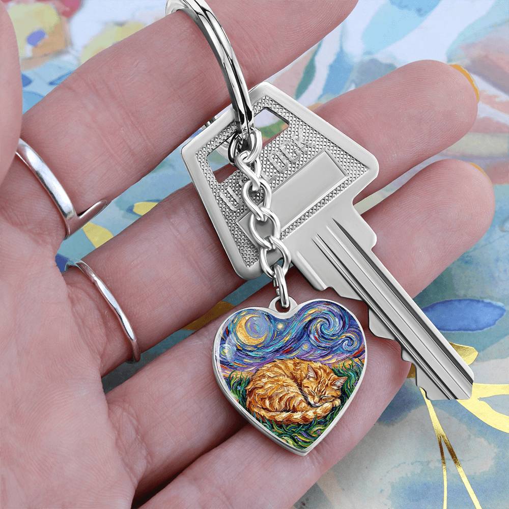 Sleepy Orange Tabby Night Heart Keychain