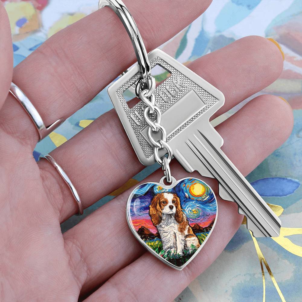 Blenheim Spaniel Starry Night Heart Keychain
