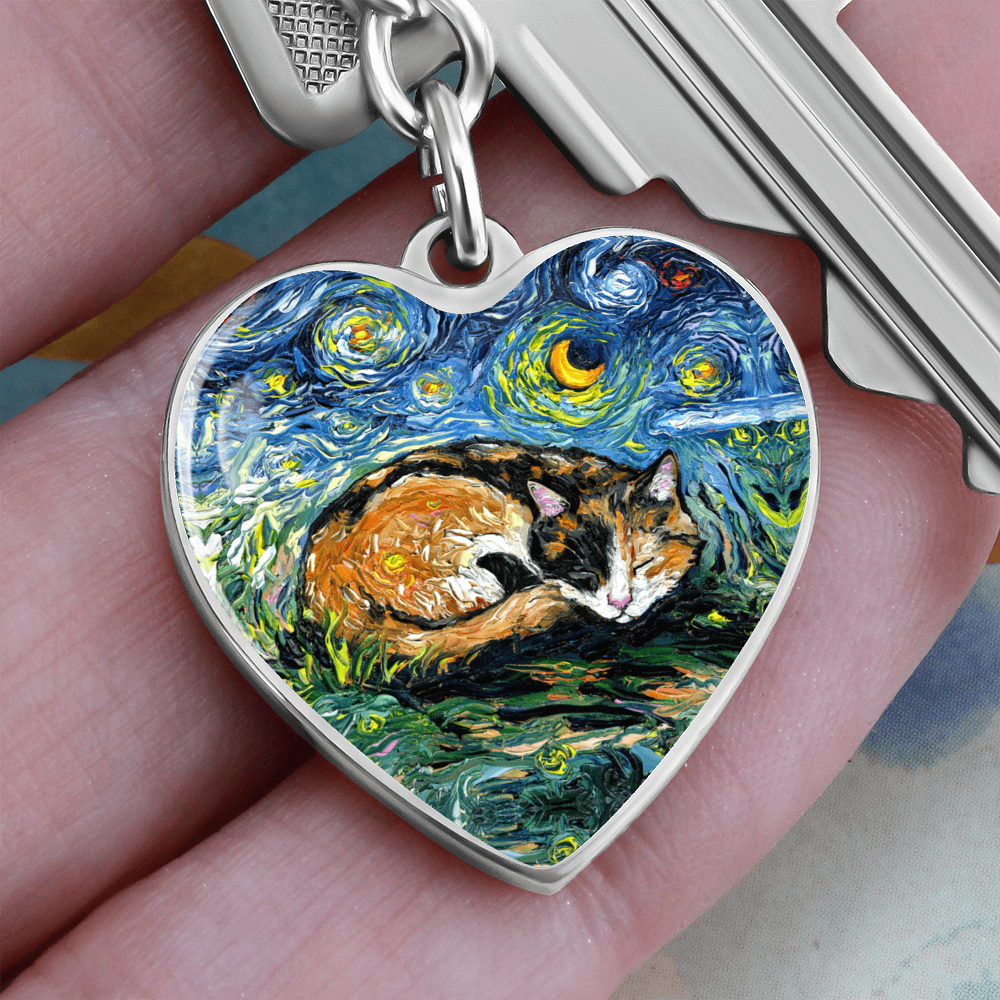 Sleeping Calico Cat Starry Night Heart Keychain