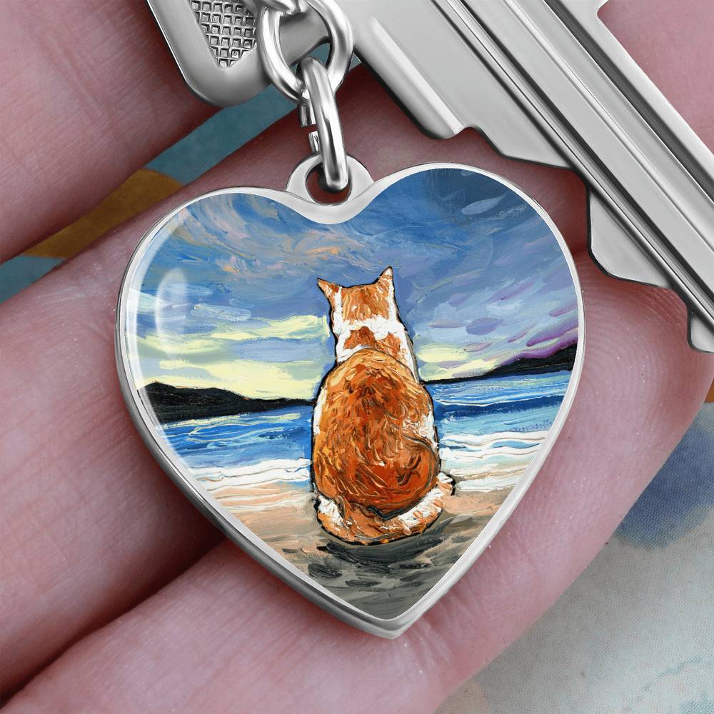 Beach Days - Orange and White Tabby Heart Keychain