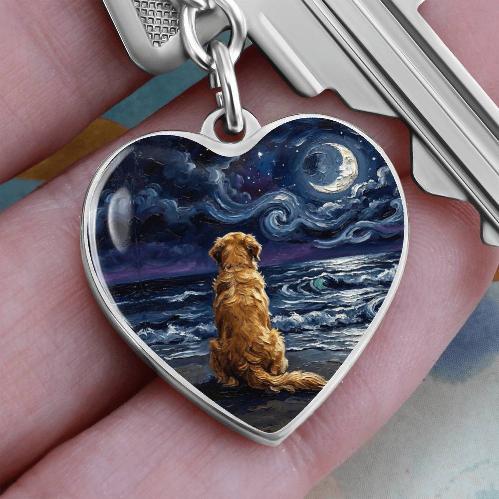 Beach Night - Golden Retriever Heart Keychain