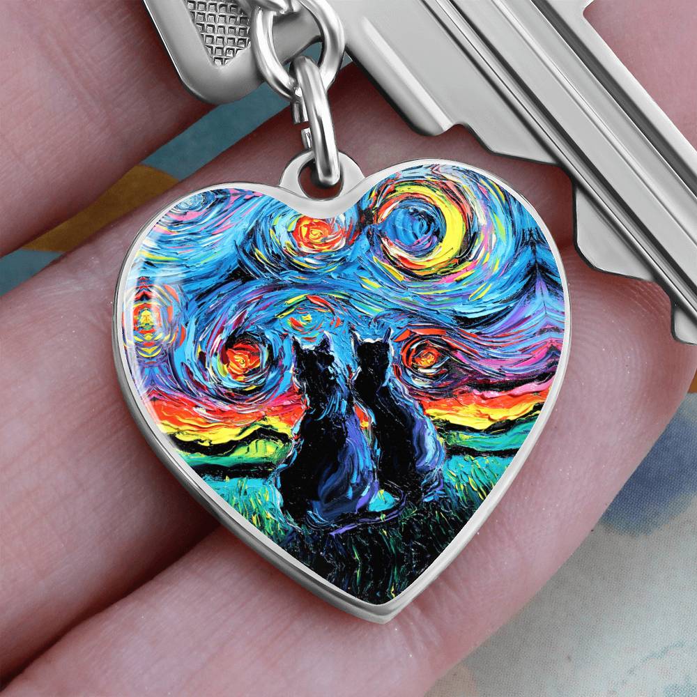 Van Gogh;s Cats Starry Night Heart Keychain