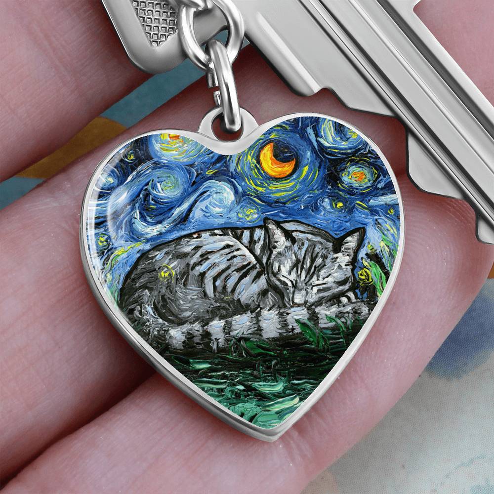 Sleeping Gray Tabby Starry Night Heart Keychain