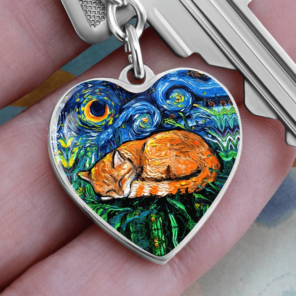 Sleeping Orange Tabby Cat Starry Night Heart Keychain