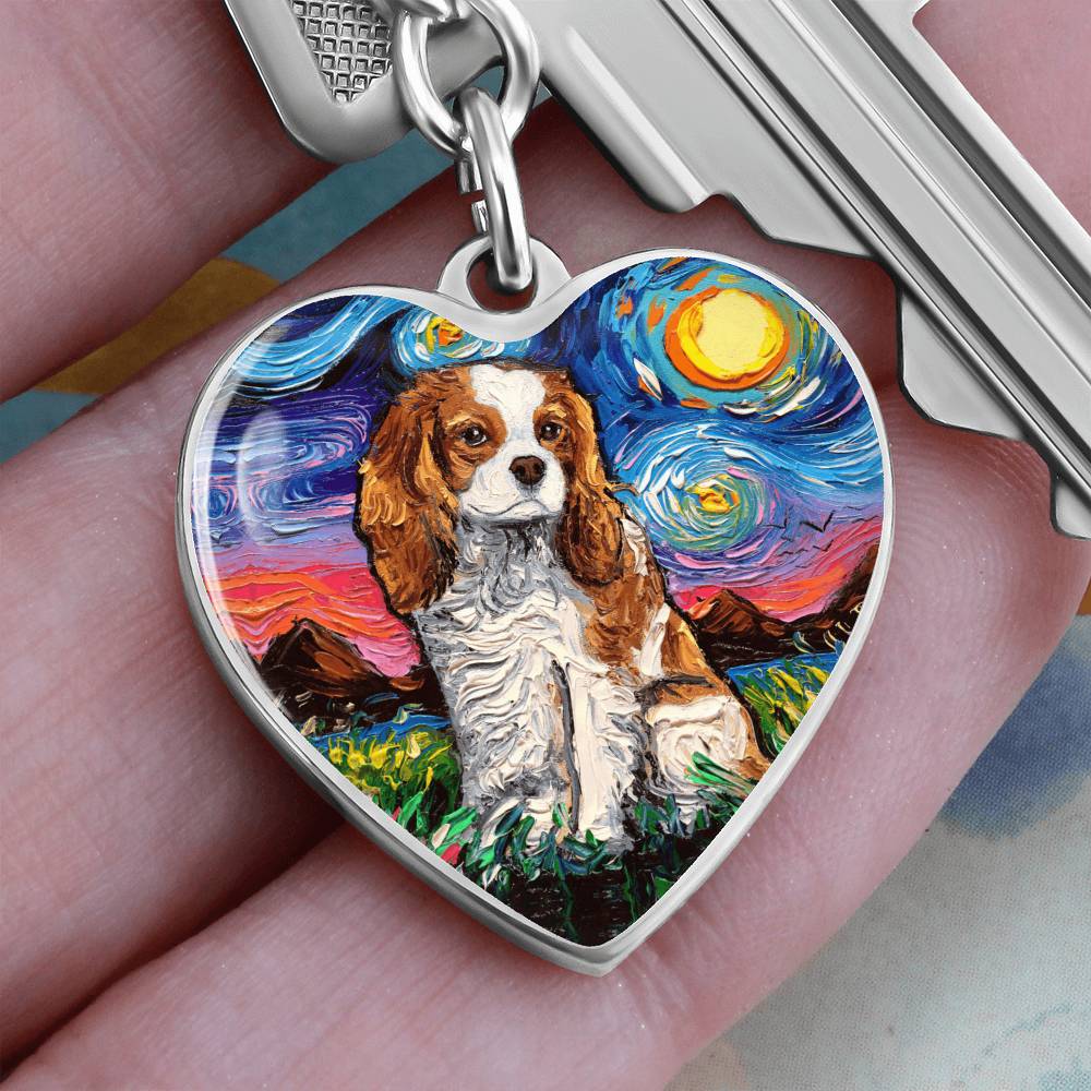 Blenheim Spaniel Starry Night Heart Keychain