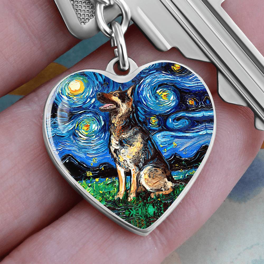 German Shepherd Starry Night Heart Keychain
