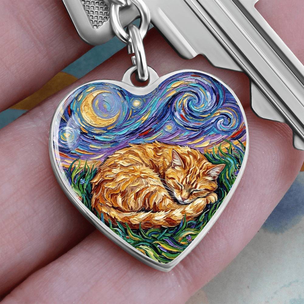 Sleepy Orange Tabby Night Heart Keychain