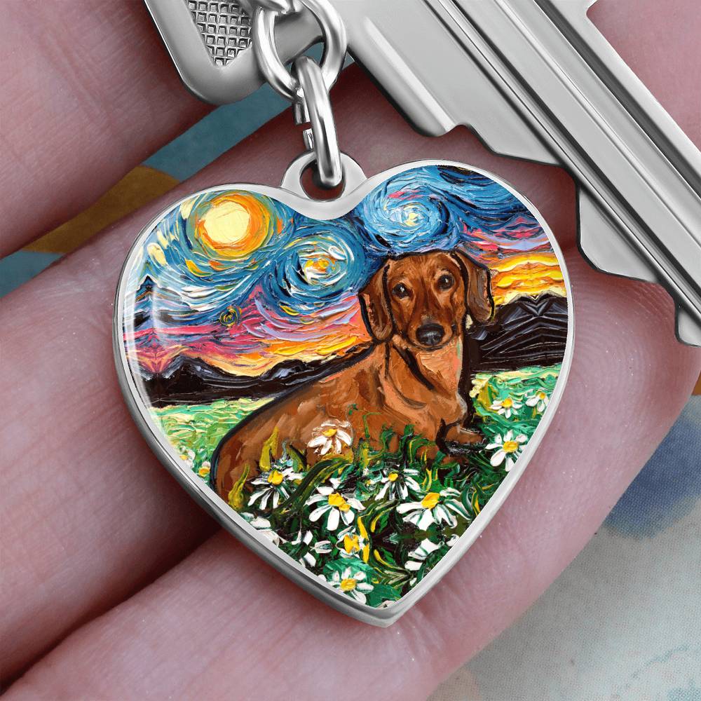 Brown Dachshund and Flowers Starry Night Heart Keychain