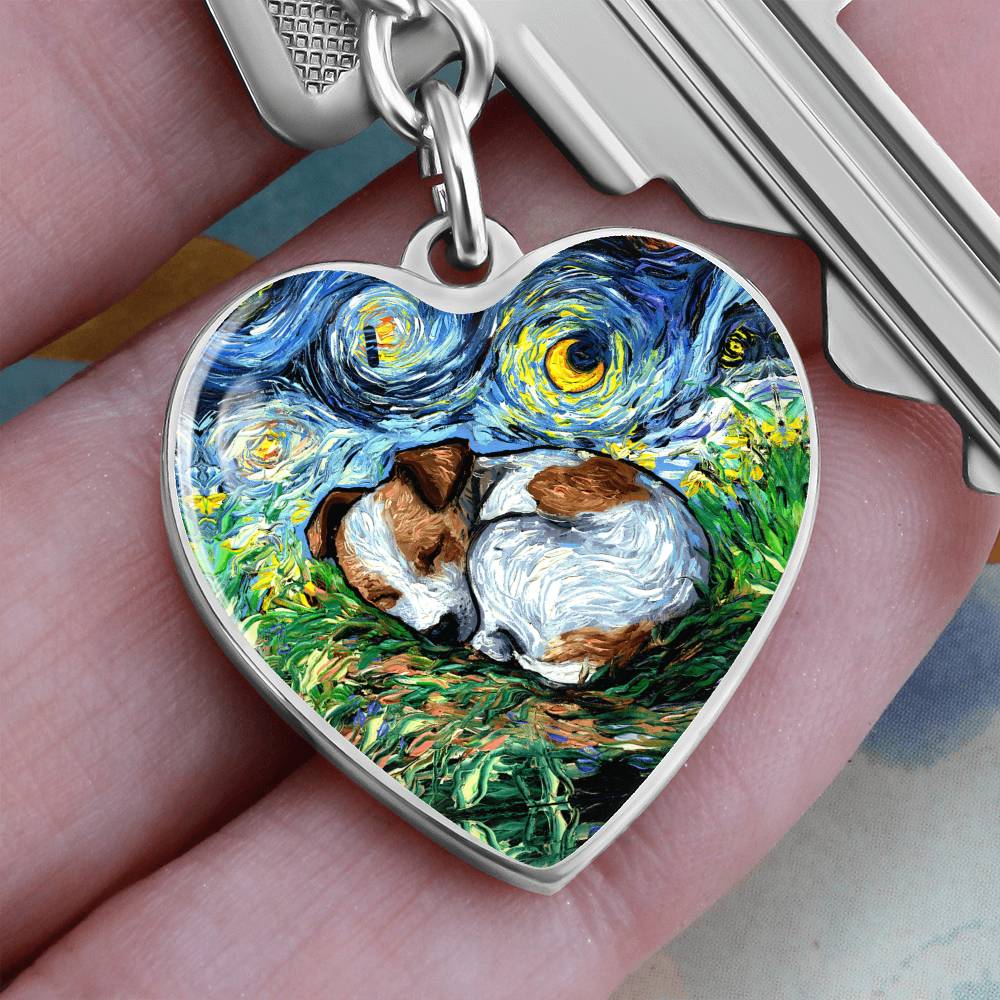Sleeping Jack Russell Terrier Starry Night Heart Keychain