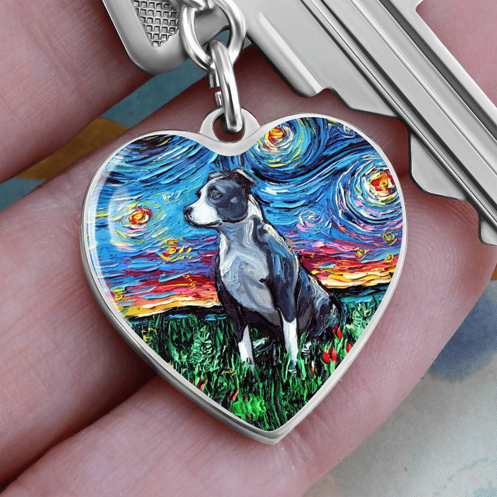 Pit Bull Starry Night Heart Keychain