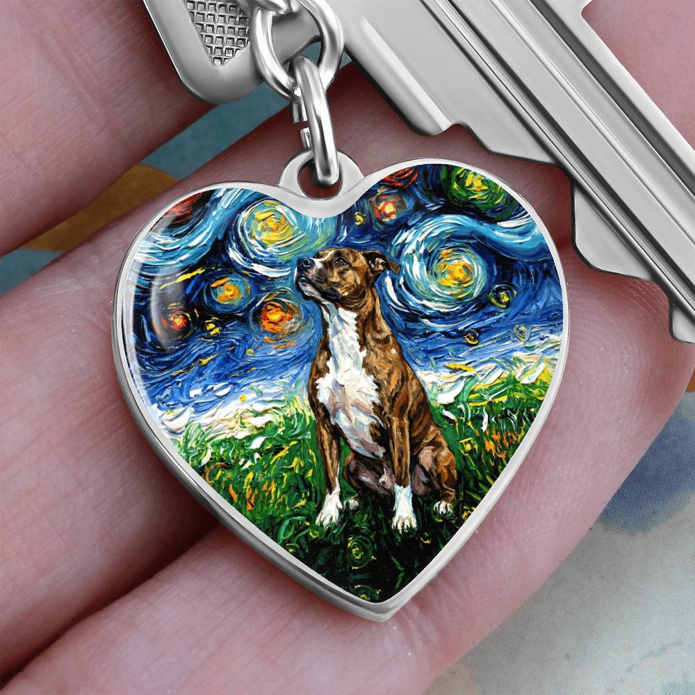 Staffordshire Bull Terrier Starry Night Heart Keychain