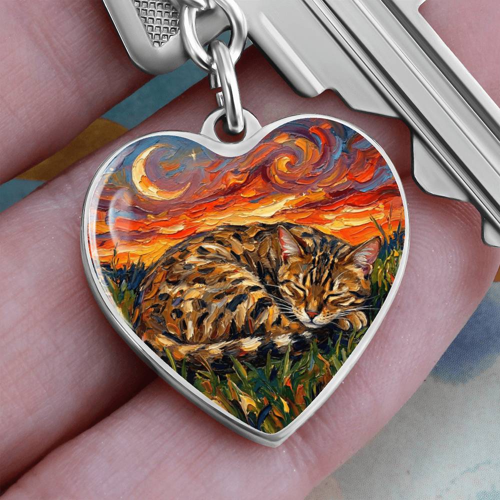 Sleepy Egyptian Mau Night Heart Keychain