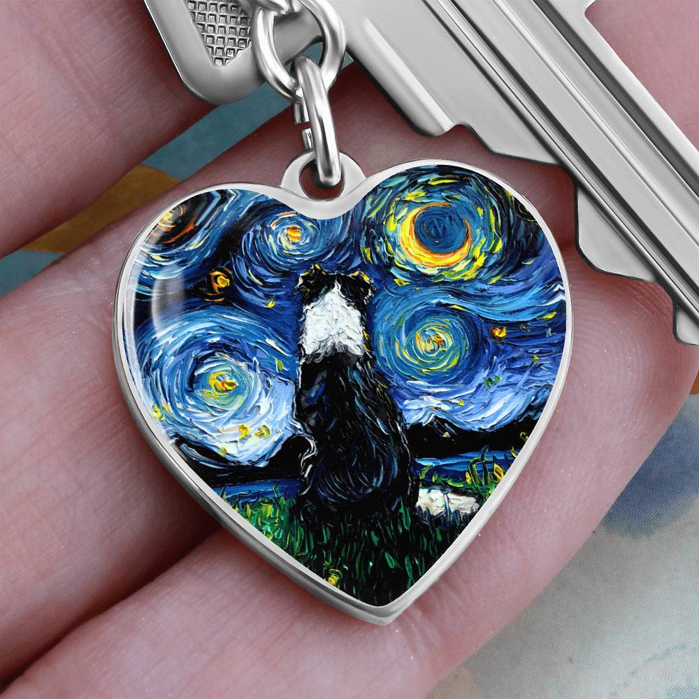 Border Collie Back Starry Night Heart Keychain