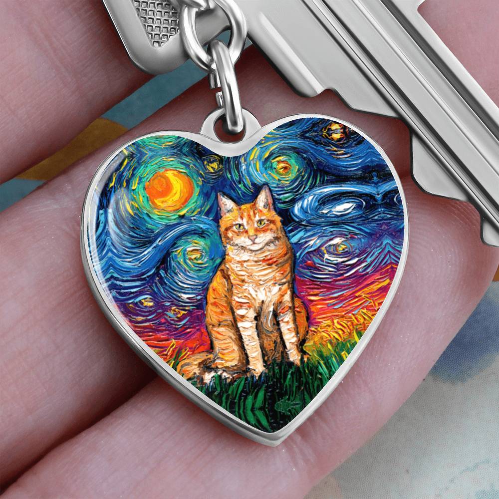 Orange Tabby Cat Starry Night Heart Keychain