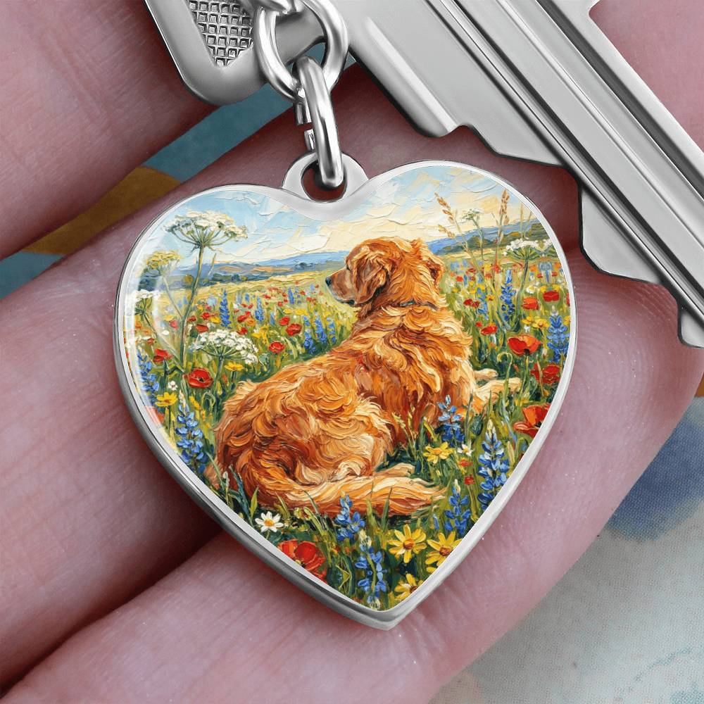 Amongst The Flowers - Golden Retriever Heart Keychain