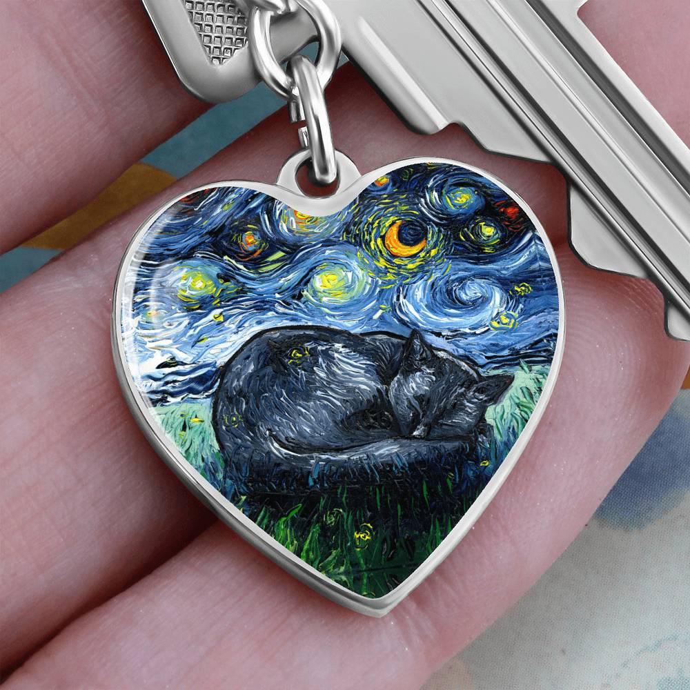 Sleeping Black Cat Starry Night Heart Keychain