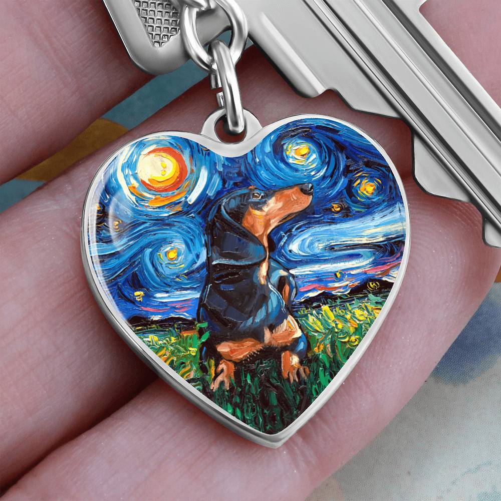 Black and Tan Dachshund Starry Night Heart Keychain