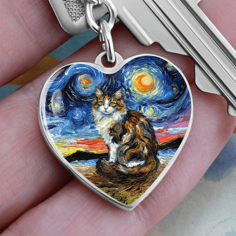 Calico Cat 2 Starry Night Heart Keychain