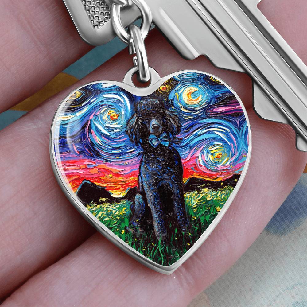Black Poodle Starry Night Heart Keychain