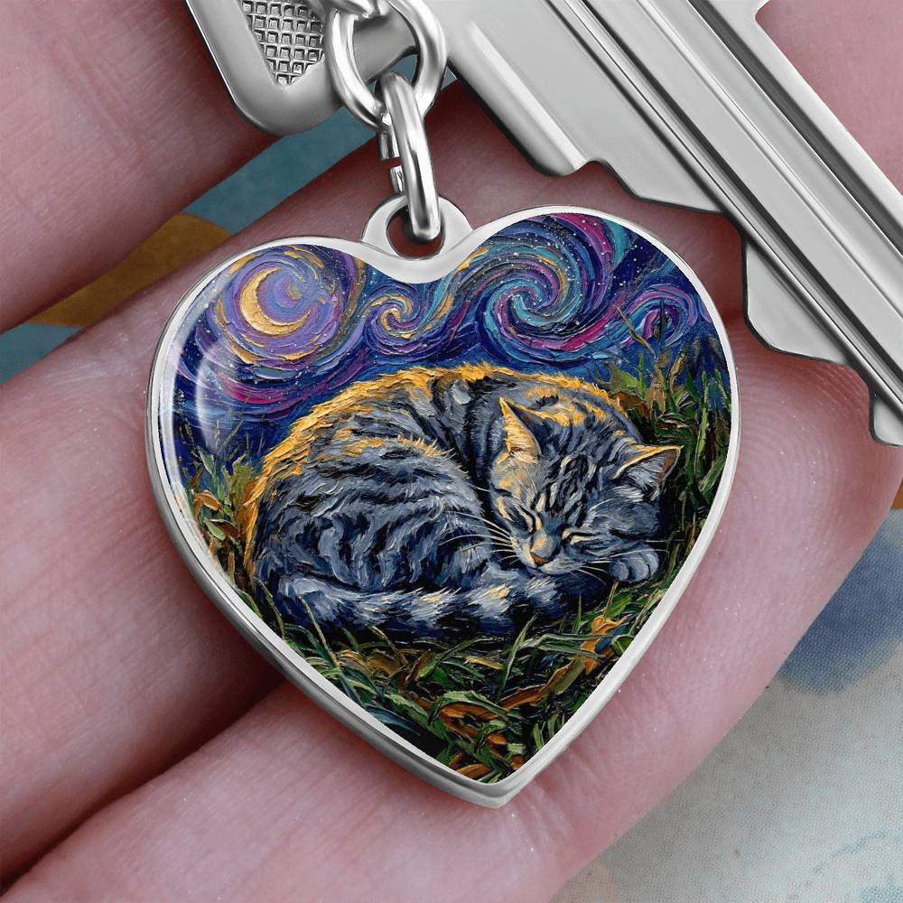 Sleepy American Shorthair Tabby Heart Keychain