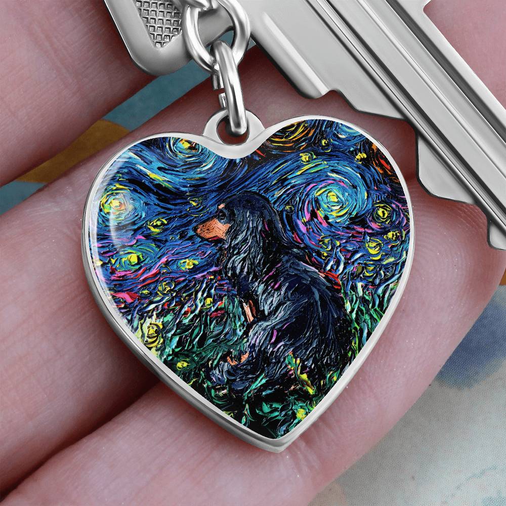 Long Hair Black and Tan Dachshund Starry Night Heart Keychain