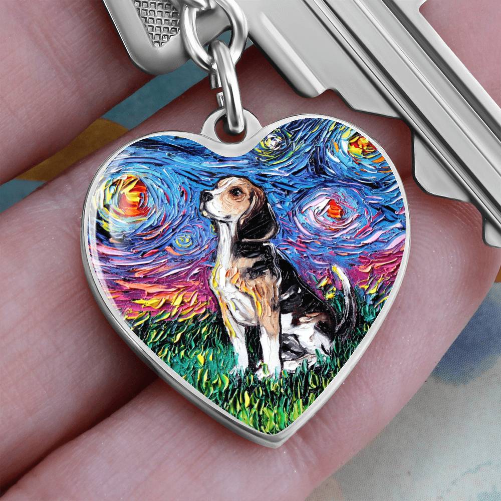 Beagle Starry Night Heart Keychain