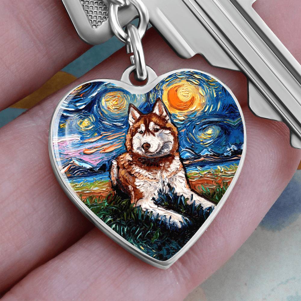 Red Husky Starry Night Heart Keychain
