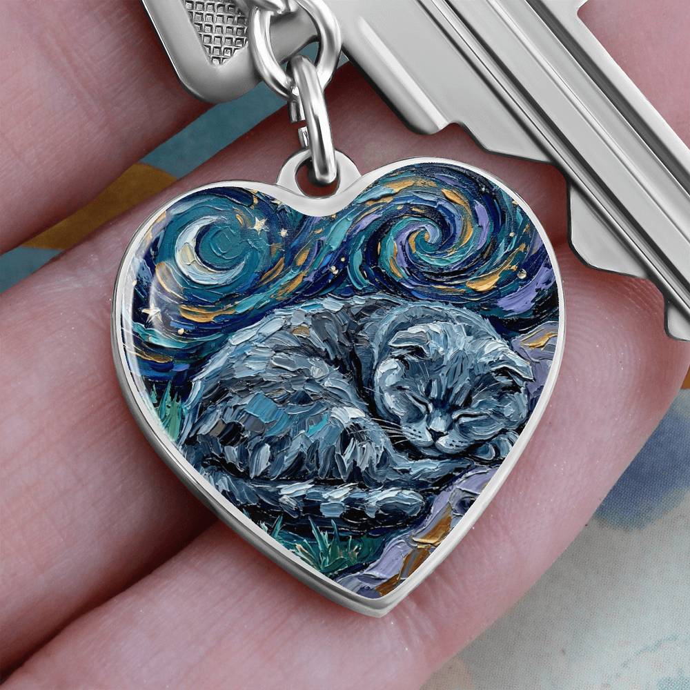 Sleepy Scottish Fold Night Heart Keychain