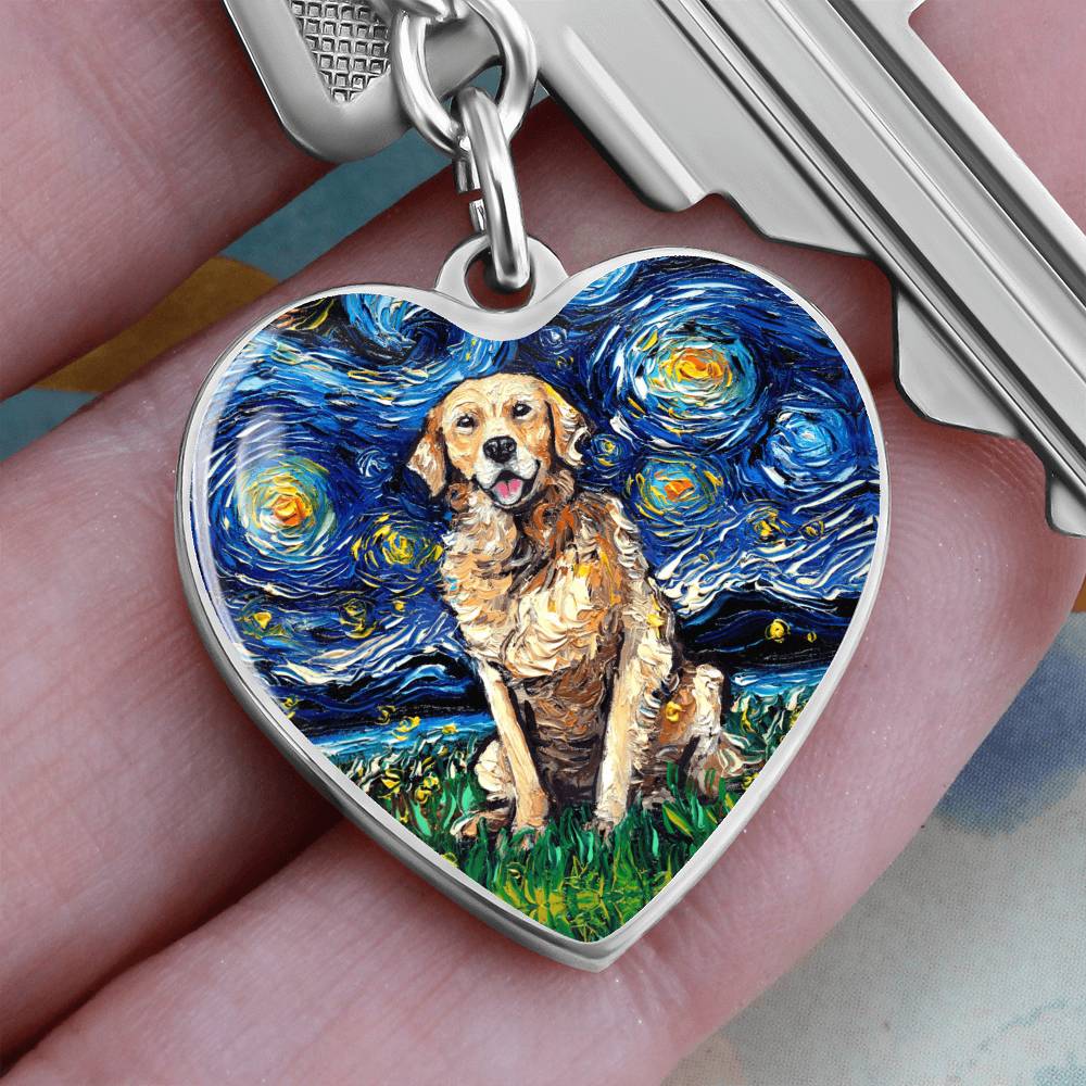 Golden Retriever Starry Night Heart Keychain