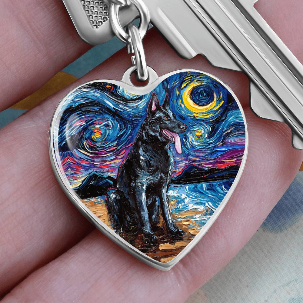 Black German Shepherd Starry Night Heart Keychain