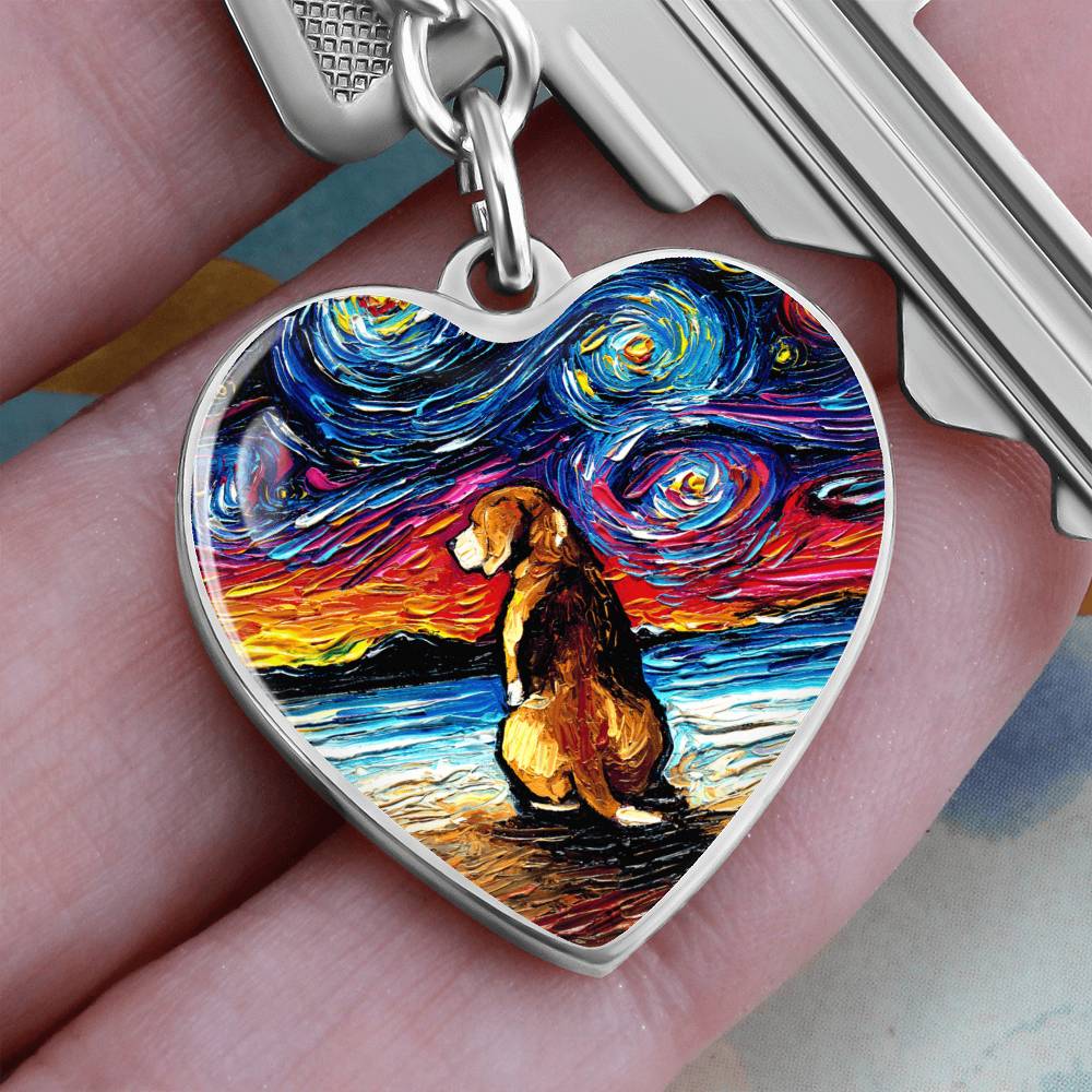 Beagle Beach Starry Night Heart Keychain