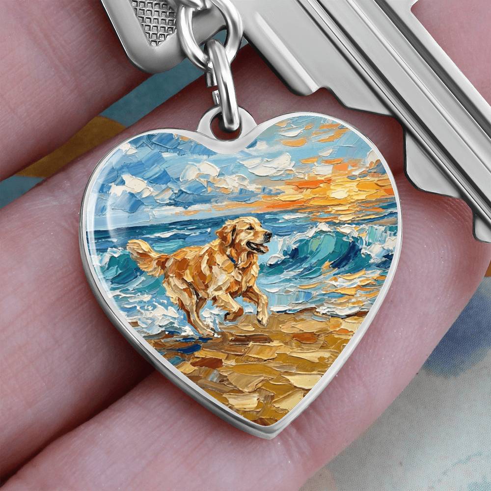 Frolicking Golden Retriever Heart Keychain