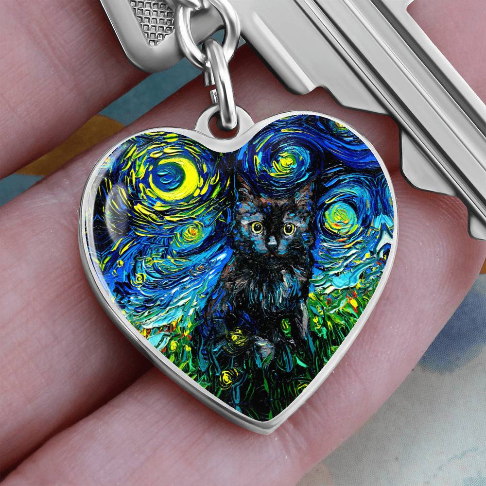 Black Cat 2 Starry Night Heart Keychain