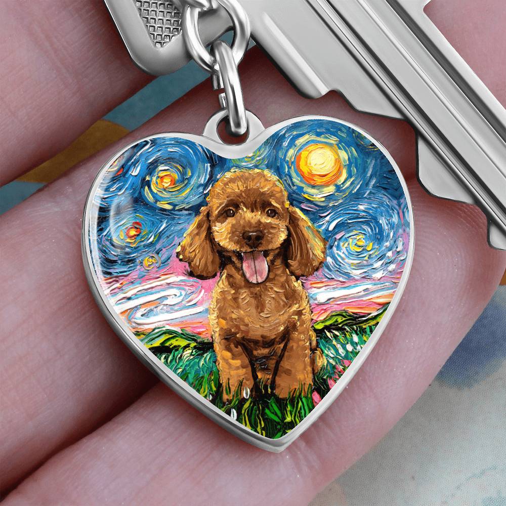 Apricot Poodle Puppy Starry Night Heart Keychain