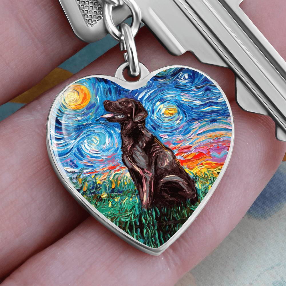 Chocolate Labrador Starry Night Heart Keychain