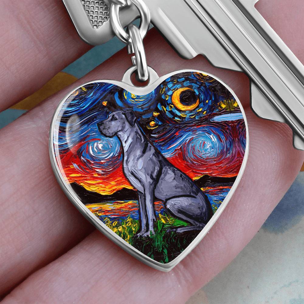 Blue Great Dane Starry Night Heart Keychain