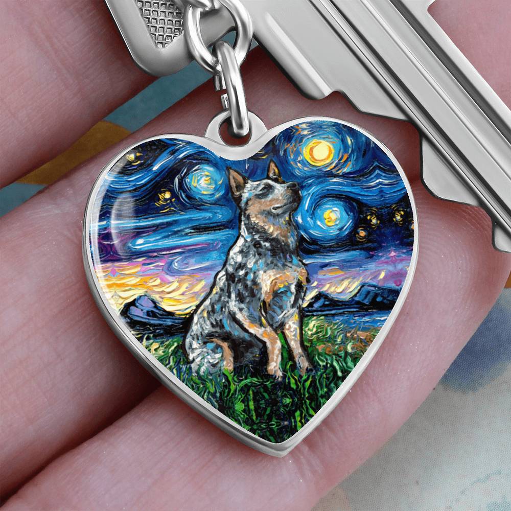 Blue Heeler Starry Night Heart Keychain