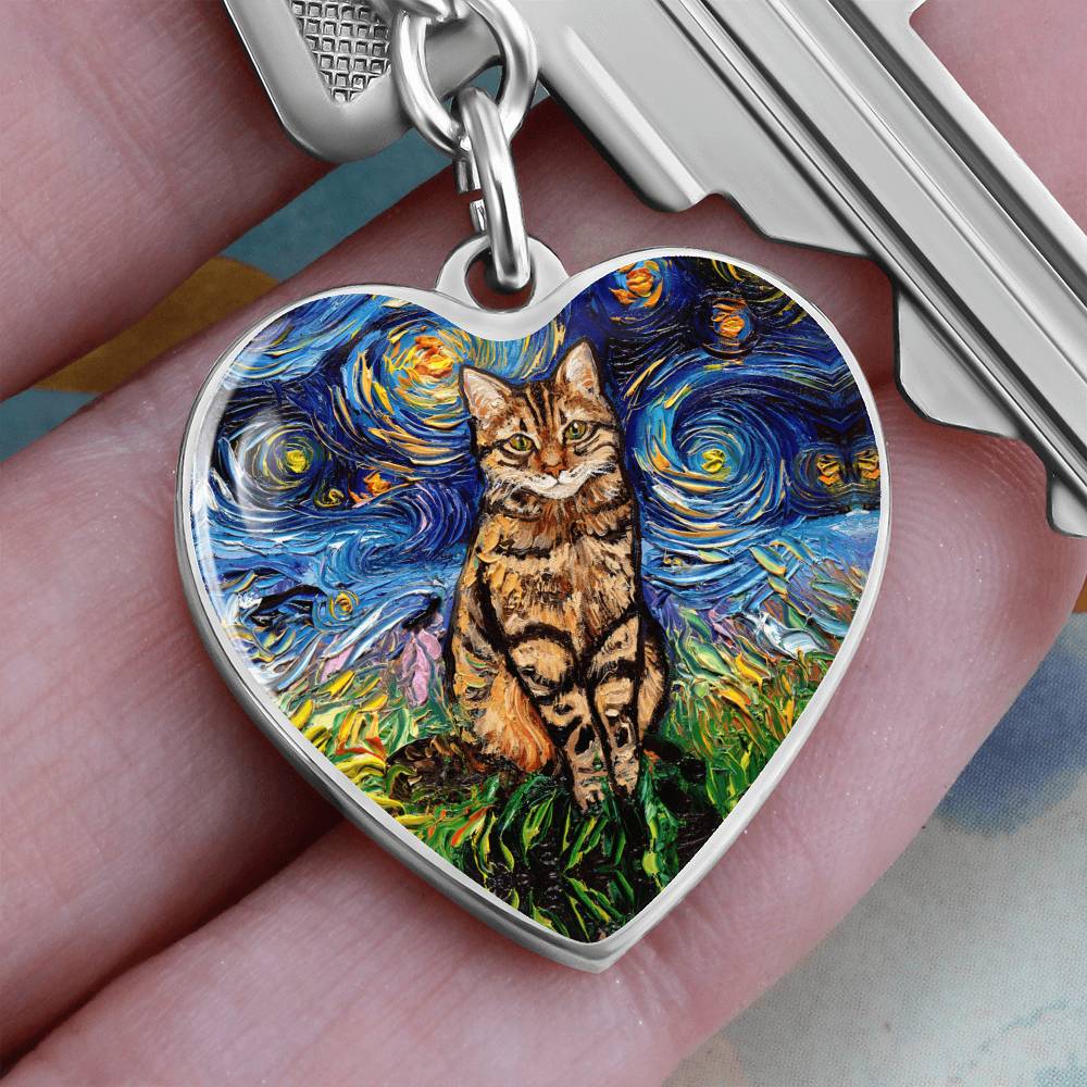 Brown Tabby Starry Night Heart Keychain