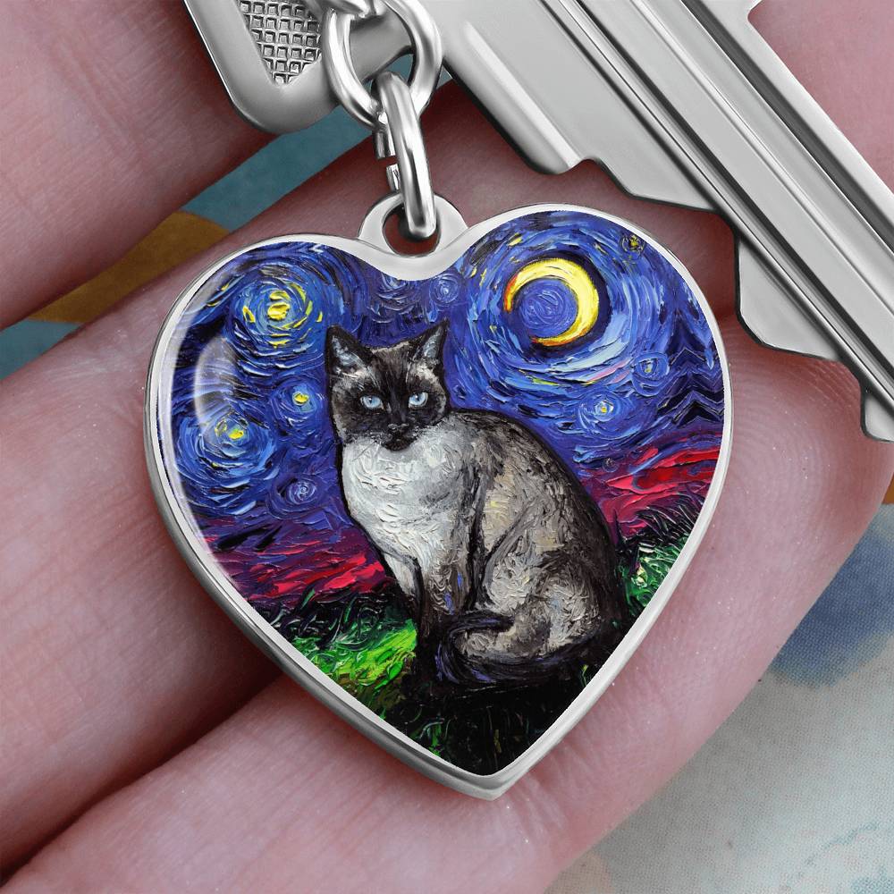 Siamese Cat Starry Night Heart Keychain
